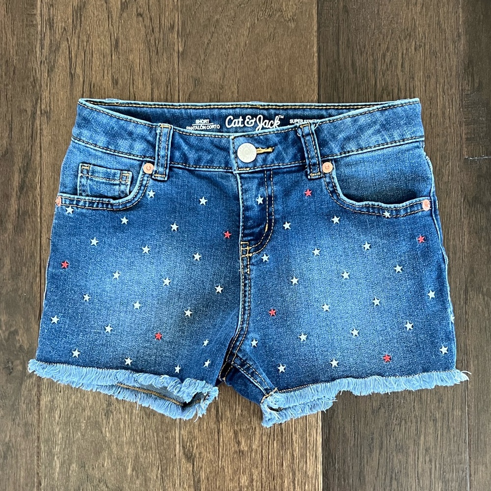Cat & Jack Girls Star Print Stretch Denim Shorts 7/8 M Frayed Red White Blue